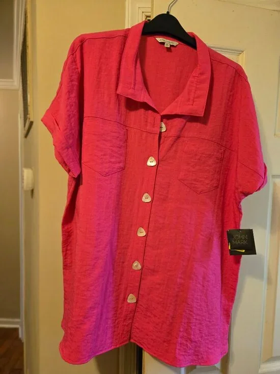 XL hot pink John Mark button up front blouse with mother of pearl buttons - Picture 3 of 3